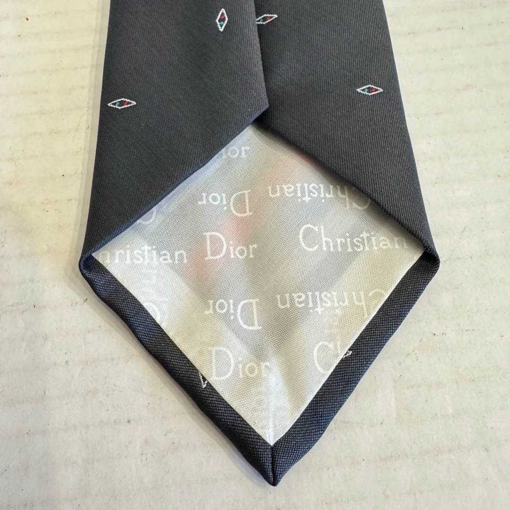 Vintage Christian DIOR Designer Neck Tie Striped Gray Diamonds Business Preppy